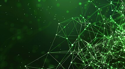 Fototapeta premium A complex glowing green dot network interconnected with thin lines over a background that fades from forest green to black with a dedicated space for text