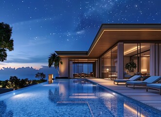 Beautiful modern luxury villa with a swimming pool and night sky