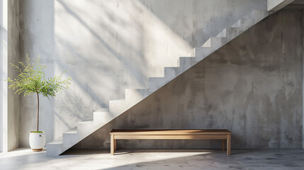 Wooden bench against grey wall. Scandinavian, farmhouse interior design of modern entryway.