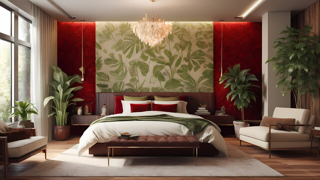 Create a cozy and inviting bedroom with a touch of modern elegance. Incorporate warm earth tones such as rich red, creamy beiges, and soft greens. Mix different textures like plush velvet, circuit boa