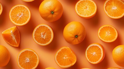 Isolated close-up view of whole and sliced oranges forming a lively pattern, perfectly lit on a bright orange backdrop