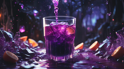 vibrant glowing purple drink, in the style of a product hero shot in motion, dynamic magazine ad image, photorealism, sleep and mystical elements around the background