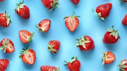 High-detail shot from above of whole and sliced strawberries arranged in a whimsical pattern on a vivid Stream Blue Calm background