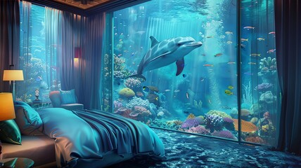 A bedroom with a large aquarium in the corner