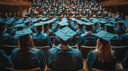 A large group of graduates sit in rows of chairs in a classroom