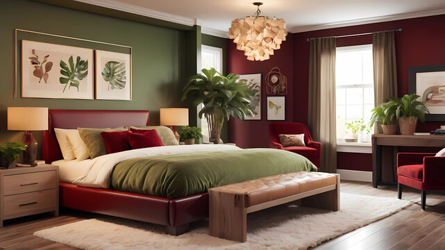 Create a cozy and inviting bedroom with a touch of modern elegance. Incorporate warm earth tones such as rich red, creamy beiges, and soft greens. Mix different textures like plush velvet, circuit boa