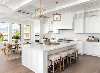 Beautiful white kitchen with island and dining area in luxury home stock photo contest winner