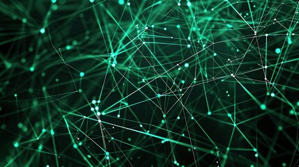 A deep emerald green plexus network with interconnected nodes and lines on a jet-black canvas featuring a large open area in the top right corner for text