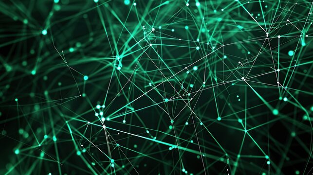A deep emerald green plexus network with interconnected nodes and lines on a jet-black canvas featuring a large open area in the top right corner for text