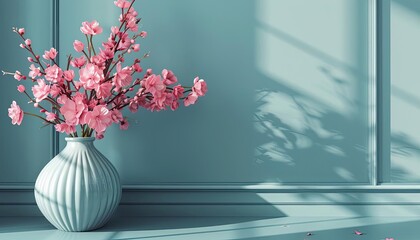 A beautiful blue vase sits on a blue table against a blue background