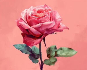 A single, long-stemmed pink rose is set against a soft pink background