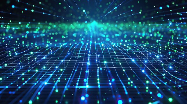 A digital landscape of glowing blue and green neon dots connected by thin luminous lines forming a dense network across a dark background creating a plexus effect with ample space for text