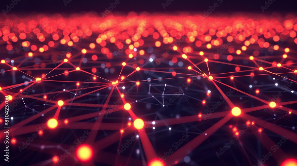 Poster A digital landscape of glowing red and orange dots connected by thin luminous lines forming a dense network across a shadowy background creating a plexus effect with ample space for text