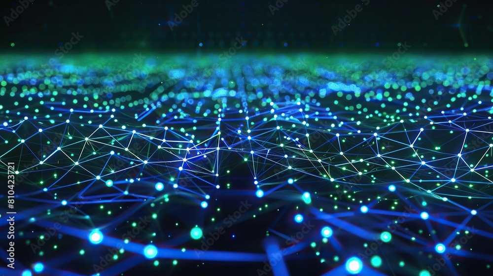Poster a digital landscape of glowing blue and green neon dots connected by thin luminous lines forming a d