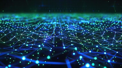 A digital landscape of glowing blue and green neon dots connected by thin luminous lines forming a dense network across a dark background creating a plexus effect with ample space for text