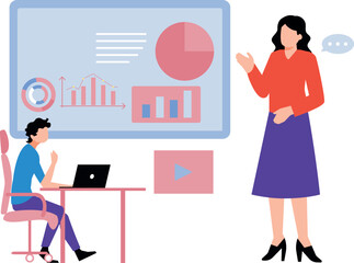 Girl talking to guy working on business graph.