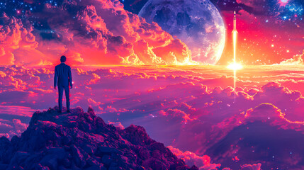 Fototapeta premium Man Gazing at a Cosmic Phenomenon.