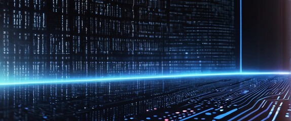 An abstract digital background with binary code and AI algorithms running in the background