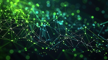 A digital tapestry of neon lime and dark green dots interconnected by vibrant glowing lines on a black canvas optimized for a high-definition display with a designated space for text on the upper half