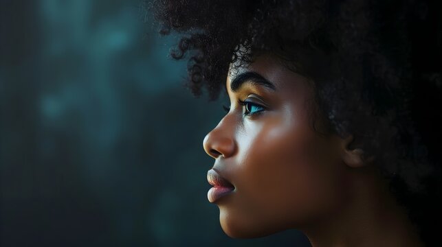 Captivating Side Profile of a Pensive Young African American Woman in a Mystical Teal and Smoky Atmosphere - Powered by Adobe