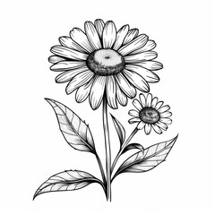 A black and white line drawing of daisies with intricate details, isolated on white.