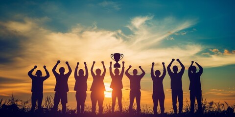 Silhouettes Winning team is holding trophy in hands.