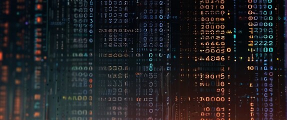 An abstract digital background with binary code and AI algorithms running in the background