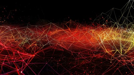 A dynamic and colorful backdrop featuring a plexus of red orange and yellow connections on a black background including a broad open area at the top for text