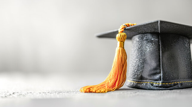 Graduation Cap with Gold Tassel on White Background.
