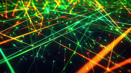 A dynamic and colorful plexus of neon green and orange lines on a dark canvas specifically arranged to leave ample room for text in the upper third of the image ensuring clarity and impact
