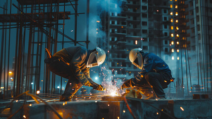 Welders working diligently on a construction site, sparks flying