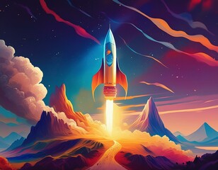 Obraz premium abstract rocket launch. digital spaceship flying up