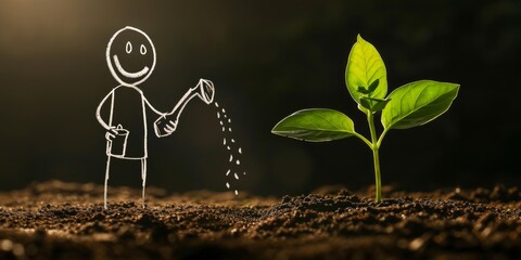 A stick man person is seen watering a plant .go green, world health concept