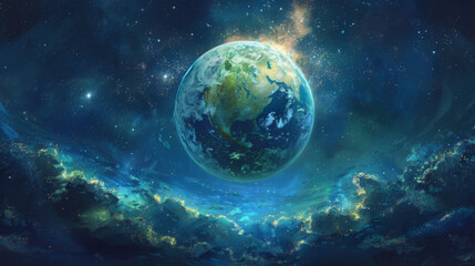 Obraz premium Vibrant image of Earth surrounded by cosmic clouds and starlight, symbolizing space exploration.