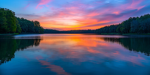 "Sunset Serenity: Reflective Waters at Dusk" | "Nature's Palette: Vivid Skies Over Calm Lake"
