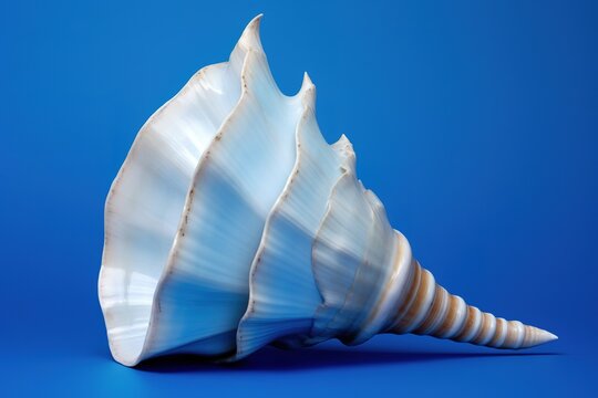 Conch Shell of the Syrinx Aruanus Type against a Blue Background