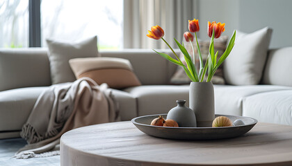 Highlight the serenity of a single blossom on a minimalist coffee table