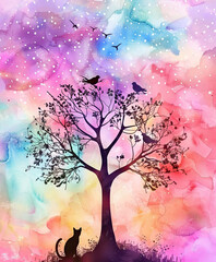 Pretty feminine pastel colour landscape sky with a black silhouette of birds sitting in a tree with an opportunistic black cat underneath.