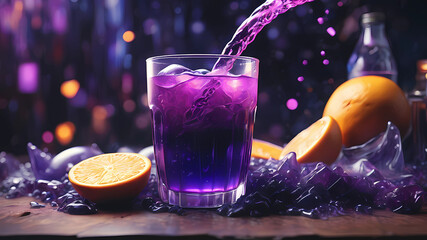 vibrant glowing purple drink, in the style of a product hero shot in motion, dynamic magazine ad image, photorealism, sleep and mystical elements around the background