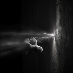 Hand touching the wall where a beam of light comes out.