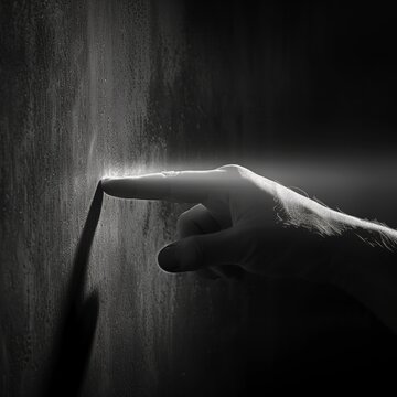 Hand touching the wall where a beam of light comes out.