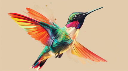 Fototapeta premium Digital artwork of a vibrant hummingbird with dynamic color splashes, ideal for modern decor.