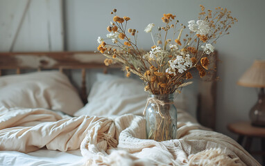 Dried flowers in mason jar as rustic decor on bedside table near bed