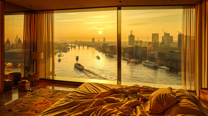 Iconic London Skyline at Sunset, Featuring Famous Landmarks and Reflective Thames Views