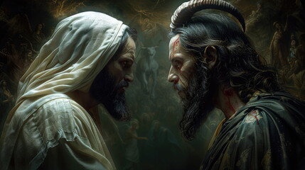 Obraz premium Symbolic confrontation: battle between God and the devil, good and evil, Jesus Christ and Lucifer, struggle of opposites, the eternal conflict between light and darkness in religious representations.