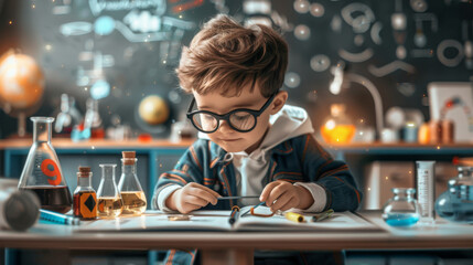 Adorable young boy engages in a playful chemistry experiment with colorful liquids and lab equipment.
