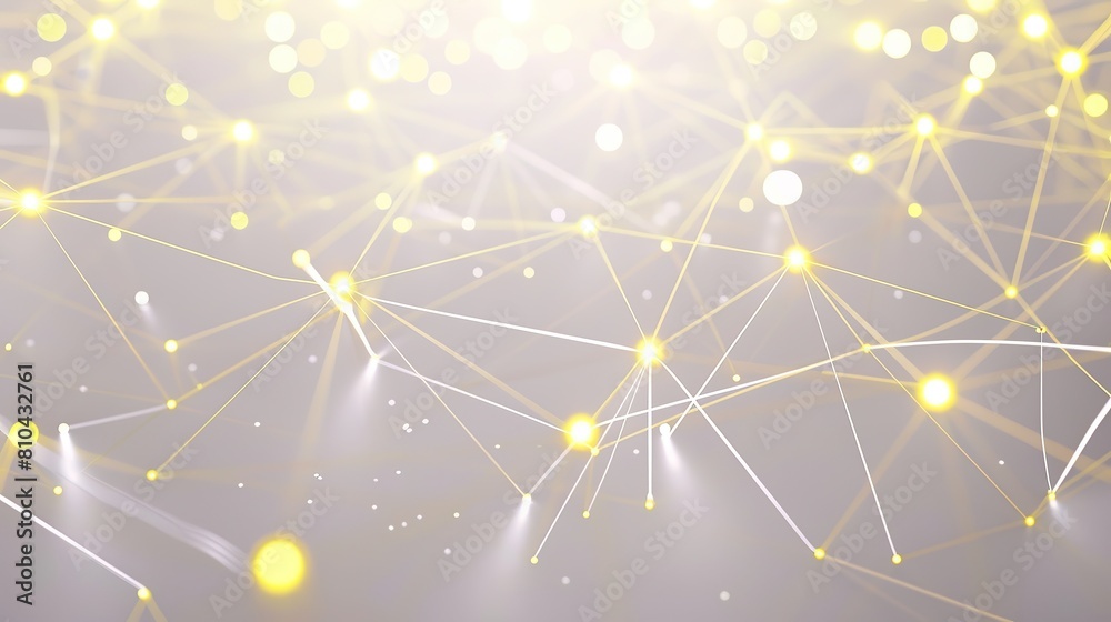 Poster a minimalist plexus of bright yellow dots connected by thin glowing white lines over a soft gray can
