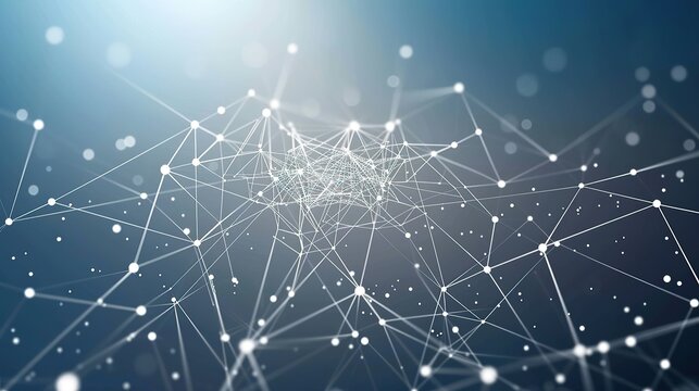 A minimalist plexus of white and silver dots connected by fine luminescent beams over a gradient background of blue to black specifically designed to include a text area in the center