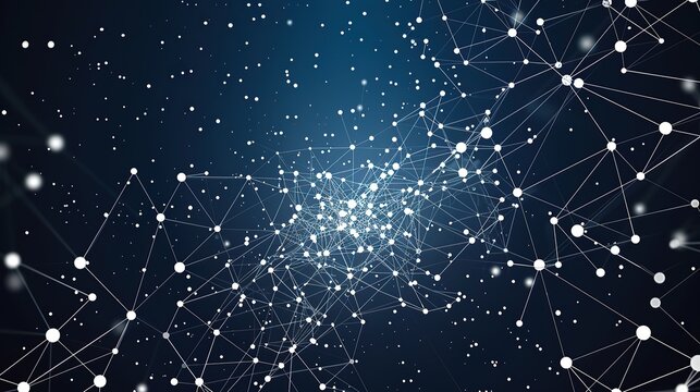 A minimalist plexus of white and silver dots connected by fine luminescent beams over a gradient background of blue to black specifically designed to include a text area in the center