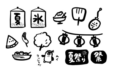 夏祭りの手描きセットイラスト